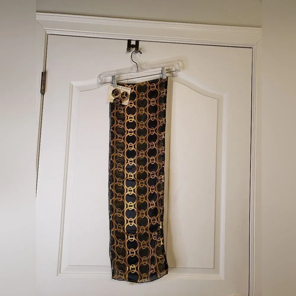 NEW Elegant Accents Black and Gold Scarf, Scarf Clip, And Earrings